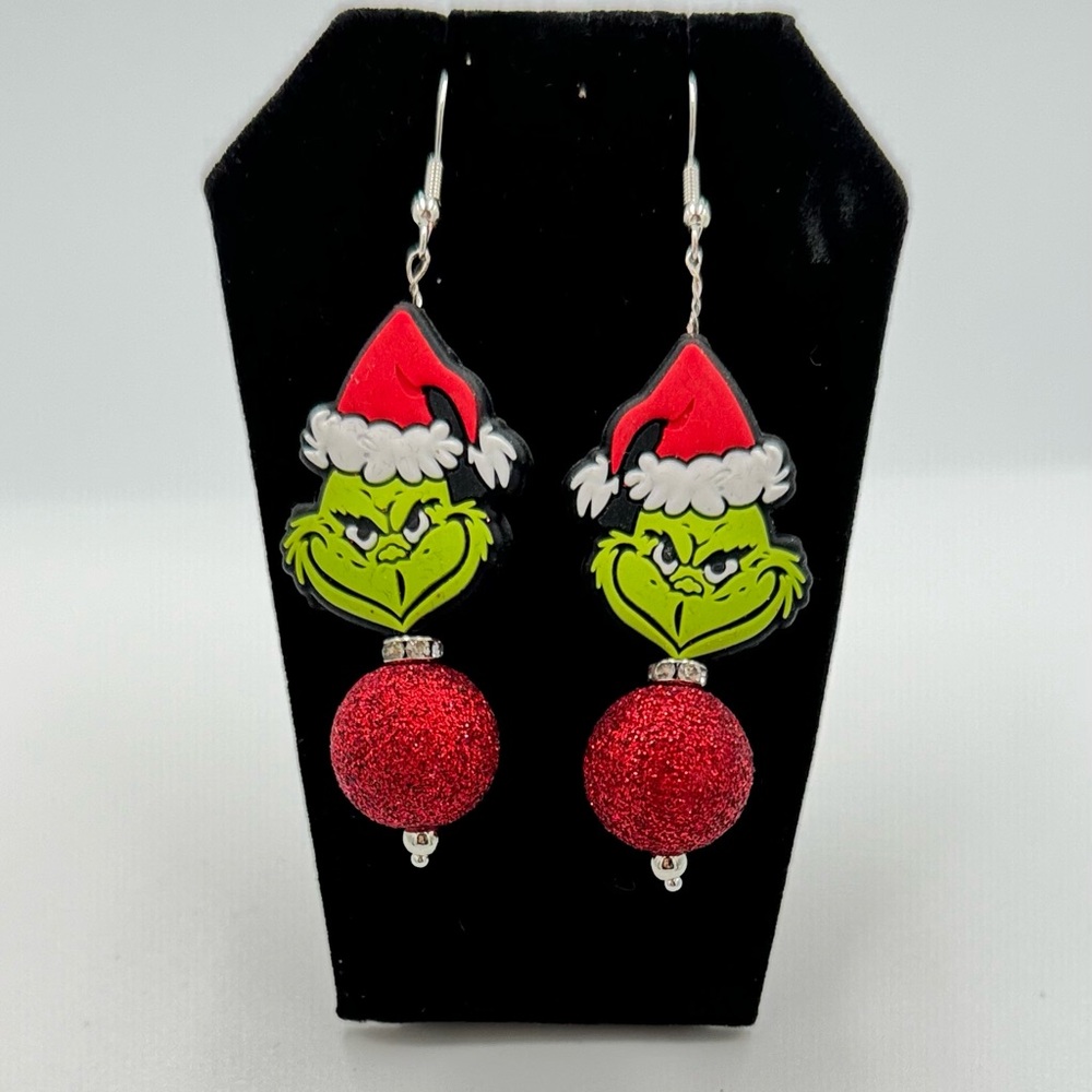 Grinch Christmas Earrings with Red Glitter